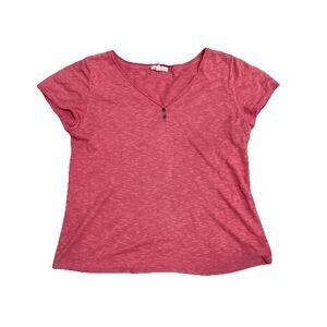 Eileen Fisher Cotton Linen Slub Short Sleeve Pink Knit Top Vneck Womens Medium M